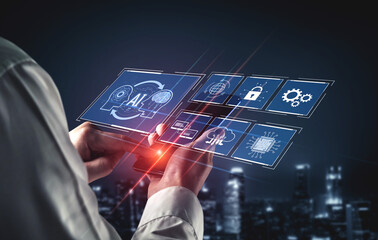 Poster - AI system integration improves artificial intelligence platform. AI system integration enhances automation, secures data, supports cloud, and AI system integration connects systems. Vouch