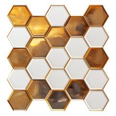 Poster - 3d rendering of a set of gold and white hexagon tiles forming an abstract geometric pattern