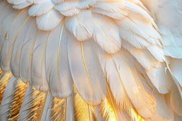 Poster - Close up of delicate white feathers with golden tips, forming an elegant and luxurious backdrop