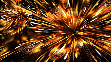 Wall Mural - Abstract explosion of golden light bursts, radiating outward from a central point, with intricate details and streaks of white.  Intense energy and dynamic motion