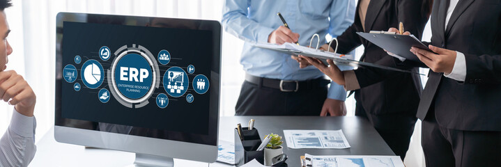 Poster - Business intelligence and data analysis concept. Analyst team working on financial data analysis dashboard on laptop screen as marketing indication for effective business strategic planning. Insight