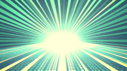 Wall Mural - Bright, radiating, light tunnel effect with teal, lime, and white lines, dotted floor