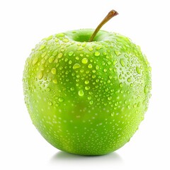 Poster - Fresh green apple covered with water droplets on white background