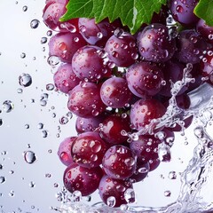 Poster - Fresh bunch of red grapes with leaves is splashing into water on light background
