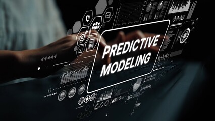 Poster - Hands Engaging with Digital Interface Displaying Predictive Modeling and Data Analytics Concepts in Modern Technology Environment. Asymptotic smart data analytic.