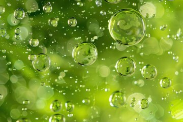 Poster - Macro close up of oxygen bubbles floating in transparent liquid on blurred green background