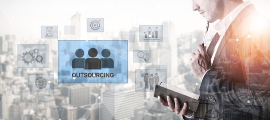 Poster - Outsourcing concept showing collaboration, delegation, global workforce, productivity, and task management through remote teams and external service providers Vouch