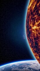 Wall Mural - dramatic space video concept with a low-angle view of a fiery sun and distant earth, showcasing a co