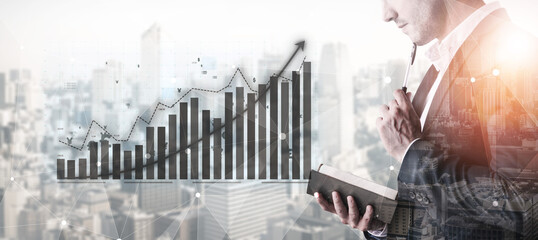 Aufkleber - A businessman thoughtfully examines financial data and growth trends represented by graphs, set against a modern urban backdrop, reflecting determination. Impute
