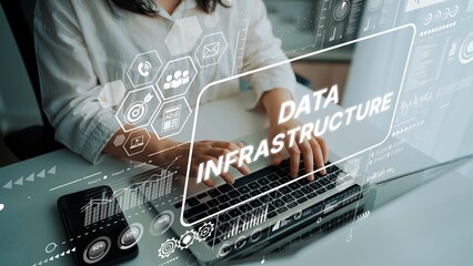Poster - Elegant workspace featuring hands typing on a laptop with overlay text illustrating modern data infrastructure concepts. Asymptotic smart data analytic.