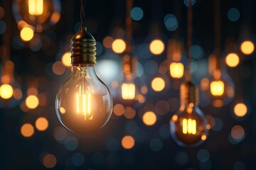 Poster - Close up of a glowing light bulb hanging with many other blurred lights in background, creating a warm and inviting atmosphere, perfect for concepts related to ideas, solutions, and celebrations