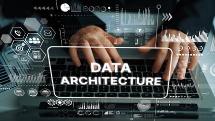 Poster - Hands Typing on Laptop with Digital Data Architecture Graphics and Technology Interface Visuals. Asymptotic smart data analytic.