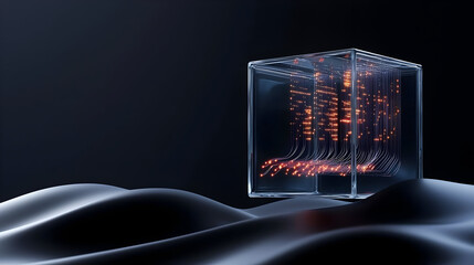 Wall Mural - Transparent cube with glowing circuitry, futuristic and abstract.  Inside, intricate pathways and glowing components are visible