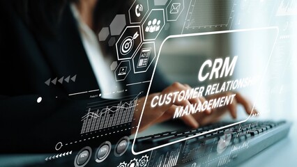 Poster - Modern Business Technology Interface Showing CRM Concept with Graphs and Data Visualizations on Keyboard Background. Asymptotic smart data analytic.