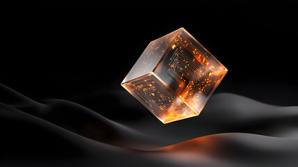 Wall Mural - Transparent cube with glowing circuitry, floating on a dark, textured surface.  Internal components visible