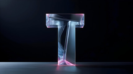 Wall Mural - Abstract, translucent letter T, illuminated by vibrant,  pinkish light, on a dark surface.  Geometric,  glowing,  3D  effect