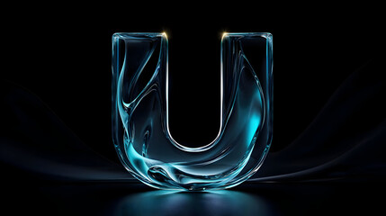 Wall Mural - Fluid, teal-colored letter U,  glowing accents.  Transparent,  3D rendering,  on a dark background