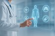 © Thitiporn - Healthcare Innovation: A doctor interacts with a futuristic medical interface, suggesting advancements in healthcare, highlighting the blend of medicine and technology for optimal patient well-being.