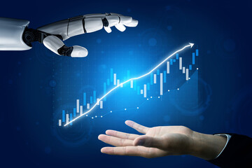 Poster - A robotic hand extends towards a human hand, symbolizing the collaboration between technology and finance. A dynamic financial graph illustrates growth and progress. Impute