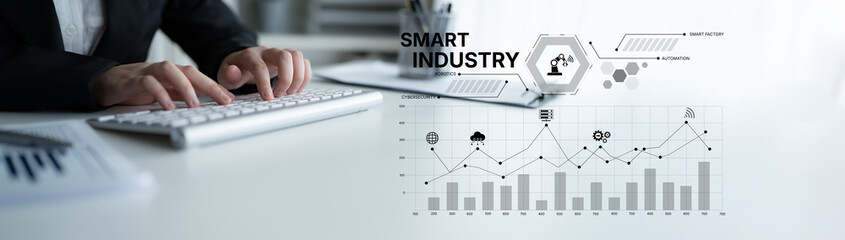 Poster - Smart industry dashboard combining automation, robotics, cloud integration, cybersecurity, and data analytics to support intelligent factory systems and real-time monitoring Latch