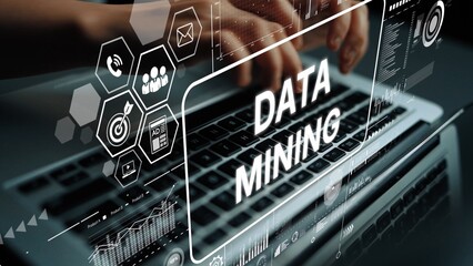 Poster - Hands Typing on Laptop with Data Mining Concept and Graphical User Interface Displayed on Screen. Asymptotic smart data analytic.