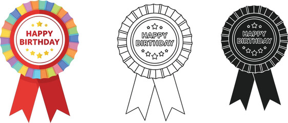 Poster - Happy birthday badge vector illustration set colorful outline and silhouette style