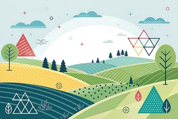 Poster - A vibrant and stylized landscape illustration features geometric shapes and colorful fields under a whimsical sky, creating a modern and artistic scene