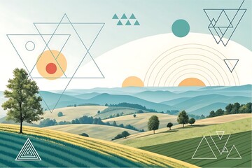 Poster - A stylized landscape illustration showcases rolling hills and geometric shapes under a serene sky, creating a modern and artistic representation of nature