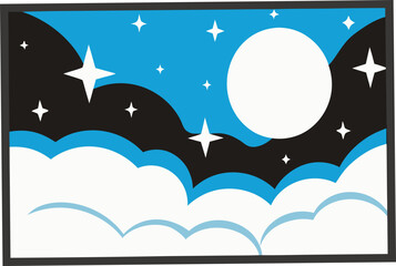 stylized night sky with moon and stars clouds blue