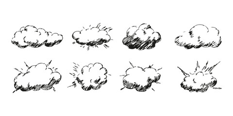 Poster - Hand-Drawn Cloud Sketches Set. Artistic Weather And Cartoon Explosion Collection. Isolated Vector Illustration