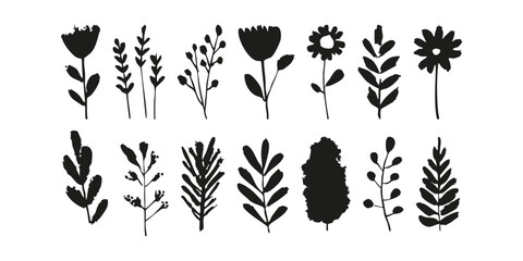 Poster - Silhouette Of Various Floral And Leaf Designs Set. Nature And Botanical Art Collection. Isolated Vector Illustration
