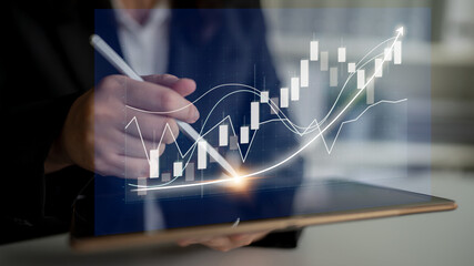 Poster - A professional businessperson analyzes financial data on a digital tablet, focusing on graphs and charts that illustrate market trends and growth potential. Impute