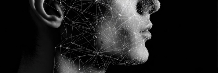 Poster - Neural Network Connections Forming a Web Across a Human Face Profile With a Clean Top Zone Enhancing Digital Aesthetics