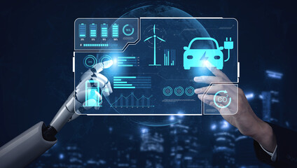 Poster - AI manages EV charging dashboards by tracking battery status, optimizing renewable power use, and reducing carbon emissions through smart energy monitoring Vouch
