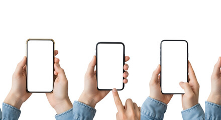 image of several hands holding phones with blank screens for app promotion on transparent background