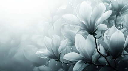 Poster - Delicate White Flowers with Water Drops on Soft Background
