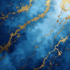 Poster - Abstract blue watercolor background with gold veins and textured cloud-like patterns decorative design