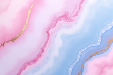 Poster - Abstract fluid art background with pink blue and gold colors flowing across the image creating a marbled effect
