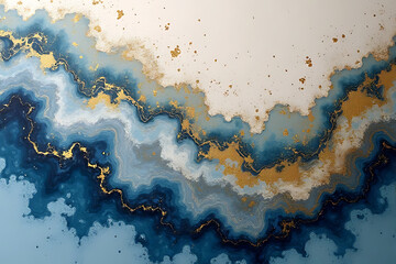 Poster - Abstract watercolor painting with flowing blue and gold patterns on a white background with gold flecks and wavy shapes