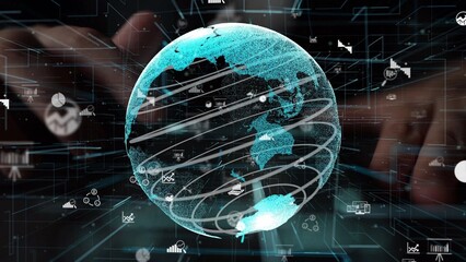 Poster - This digital artwork depicts a globe surrounded by data streams and graphical elements, illustrating global connectivity and technological innovation in today world. Xenic