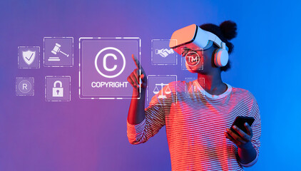 Poster - A woman wearing a virtual reality headset interacts with copyright symbols and legal icons, highlighting the importance of digital rights and internet regulations in today society. XDMCP