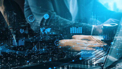 Poster - A dynamic scene featuring business professionals engaging with technology, showcasing data analytics and connectivity in a modern urban workspace. Xenic