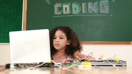 Poster - Attractive african student programing system while looking at screen. American girl working on her laptop while coding engineering prompt and generating AI by using software at Stem lesson. Pedagogy.