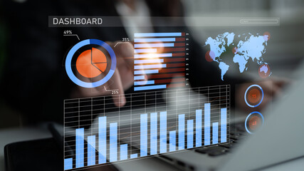 Poster - A modern data visualization dashboard showcasing various graphs and charts along with a world map, representing essential business metrics and analytics. Impute