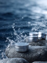 Poster - A serene scene featuring metallic containers resting on smooth stones by the water. The natural interplay of light creates a calming atmosphere. Ideal for beauty or skincare product displays. AI