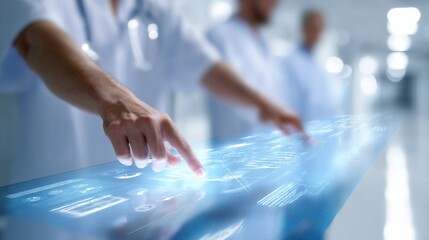 Aufkleber - Medical professionals interact with a futuristic touchscreen display. The image captures advanced technology in healthcare. A modern, clean environment enhances innovation. AI