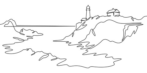 Poster - Continuous one line drawing lighthouse on a rocky cliff. Lighthouse on the seashore.One continuous line isolated minimal illustration.Not AI.