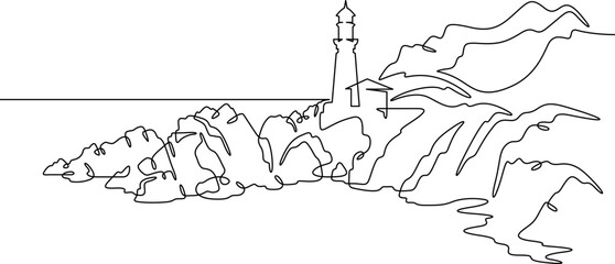 Poster - Continuous one line drawing lighthouse on a rocky cliff. Lighthouse on the seashore.One continuous line isolated minimal illustration.Not AI.