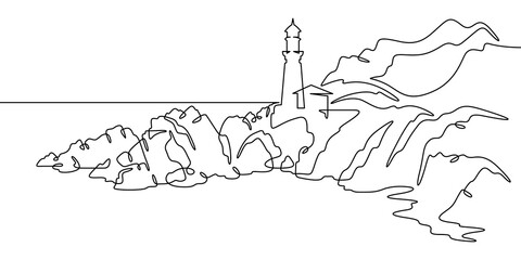 Poster - Continuous one line drawing lighthouse on a rocky cliff. Lighthouse on the seashore.One continuous line isolated minimal illustration.Not AI.