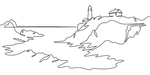 Poster - Continuous one line drawing lighthouse on a rocky cliff. Lighthouse on the seashore.One continuous line isolated minimal illustration.Not AI.